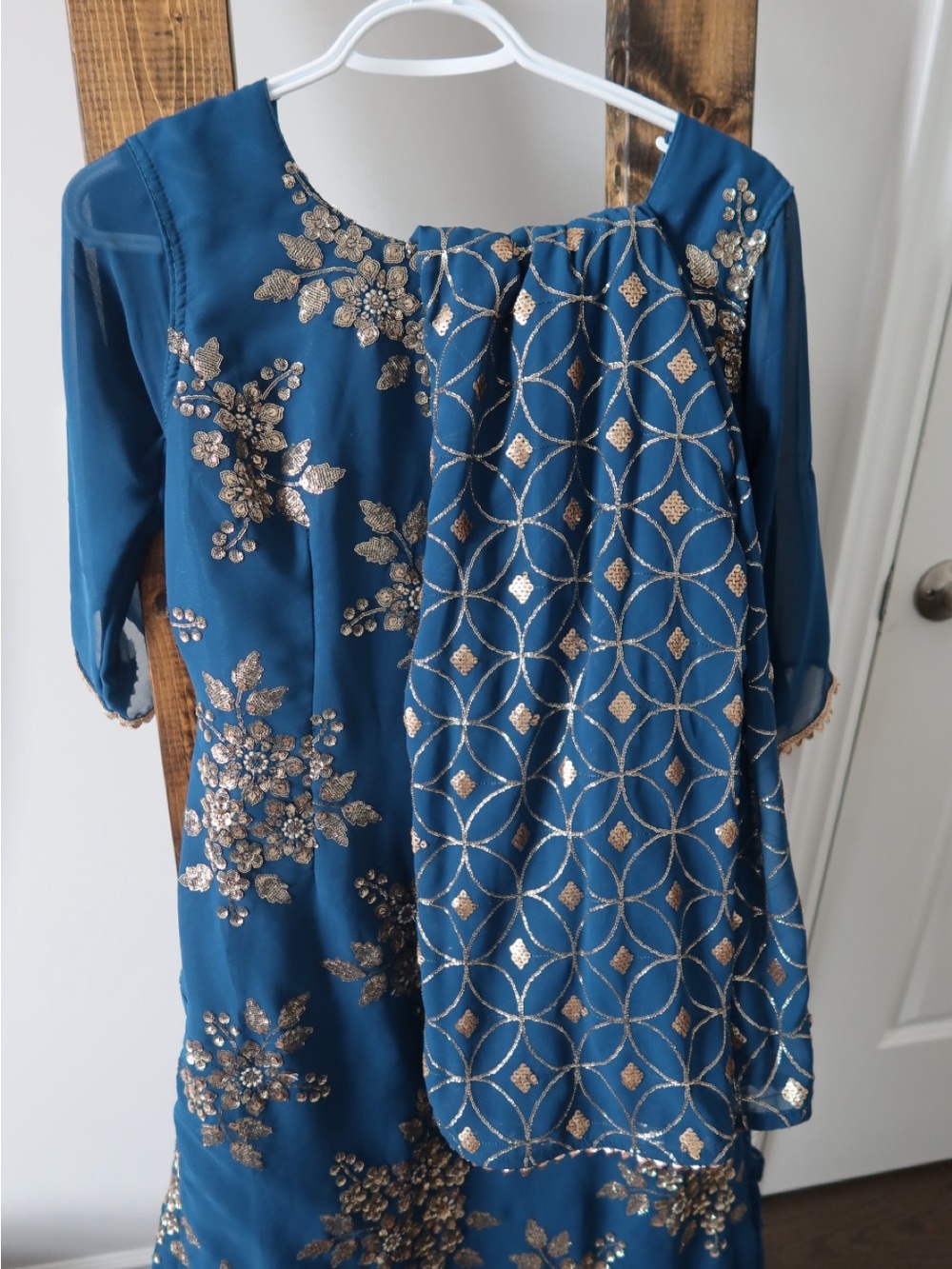 Teal Blue Embellished Pakistani/Indian Sharara 3pc Dress with Gold Accents
